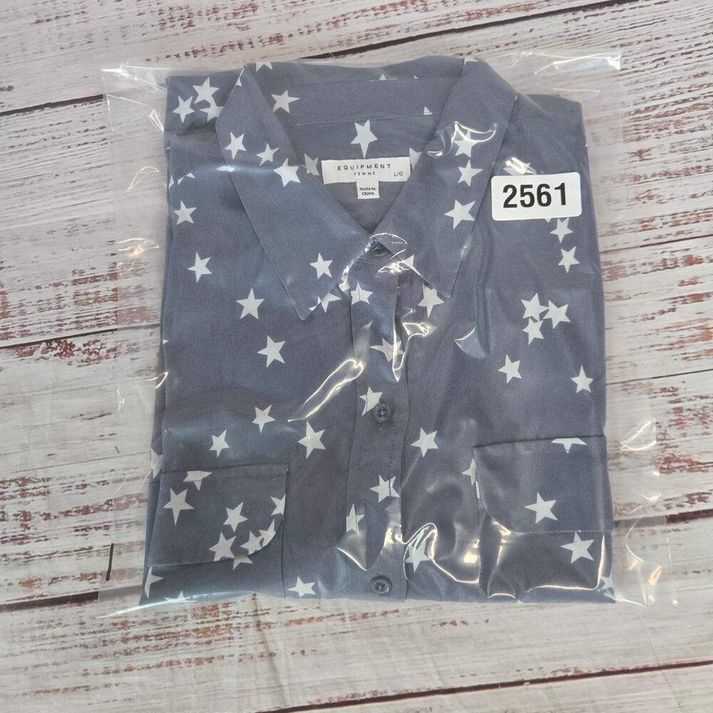 Equipment Slim Signature Silk Shirt L Bluestone Star Print Celestial Quiet Money - Picture 16 of 16